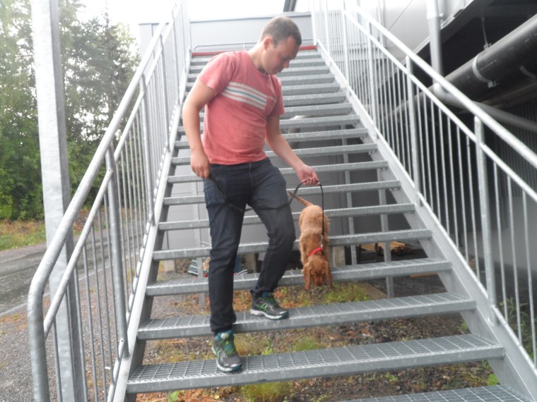 Per och Valle gick upp och ned för gallertrappan.