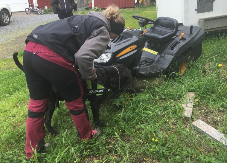 Elin och Nato hittar gömman på åkgräsklipparen.