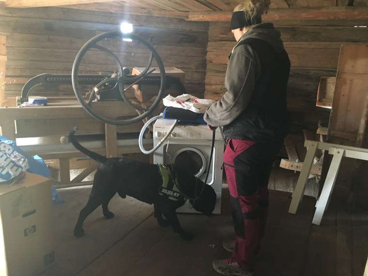 Elin och Nato hittar doften vid tvättmaskinen.